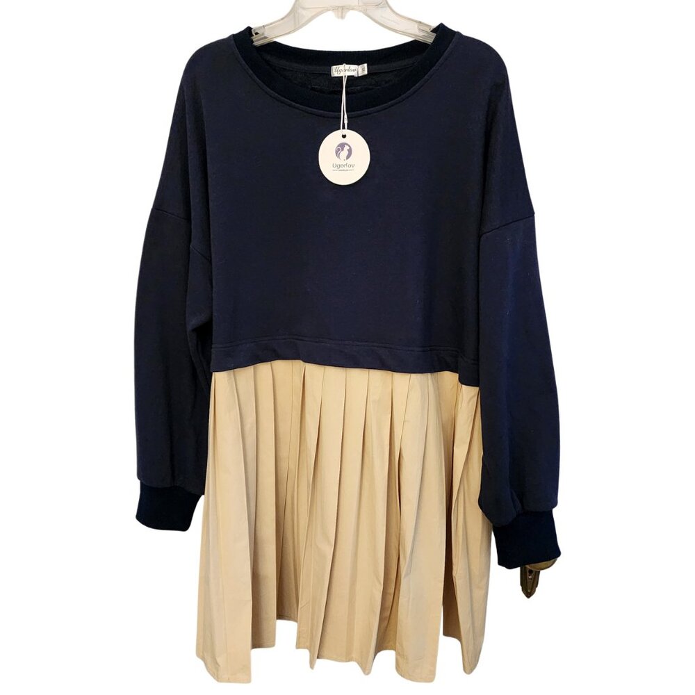 Ugerlov Navy & Beige Pleated Contrast Dress XL Casual Chic NWT
